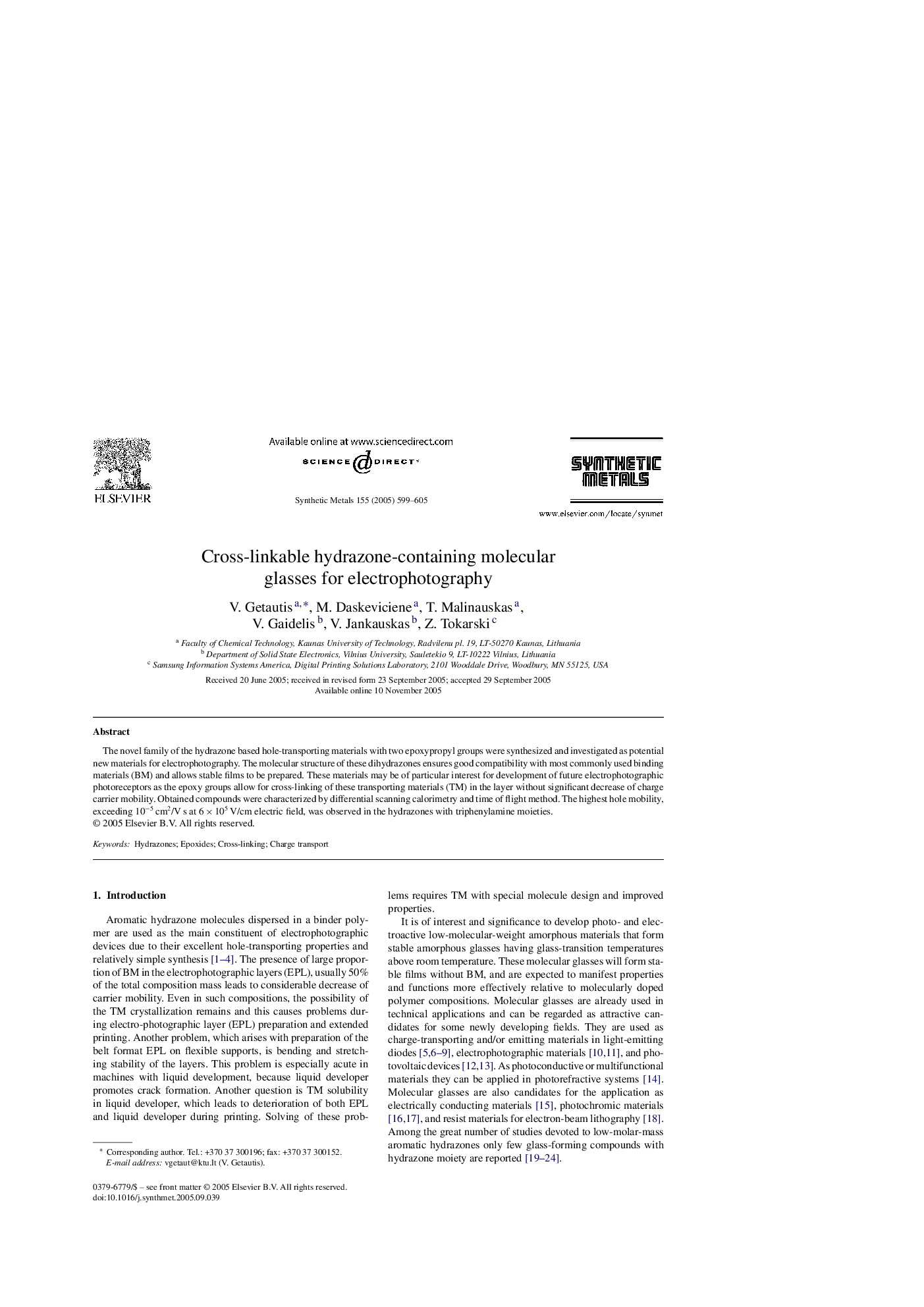 Cross-linkable hydrazone-containing molecular glasses for electrophotography