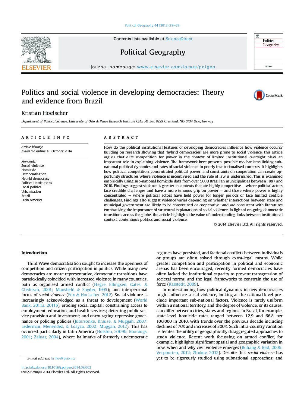 Politics and social violence in developing democracies: Theory and evidence from Brazil