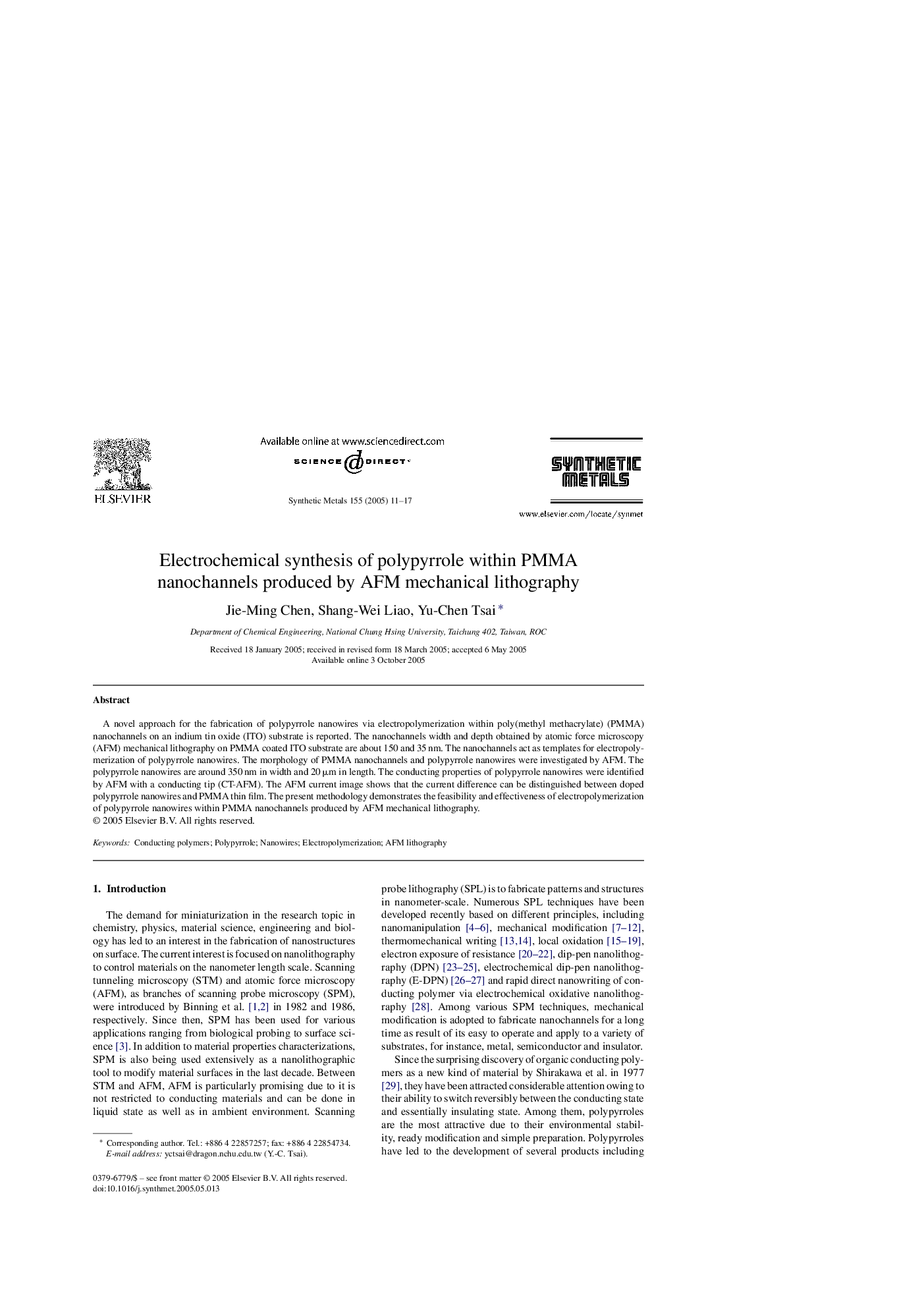 Electrochemical synthesis of polypyrrole within PMMA nanochannels produced by AFM mechanical lithography