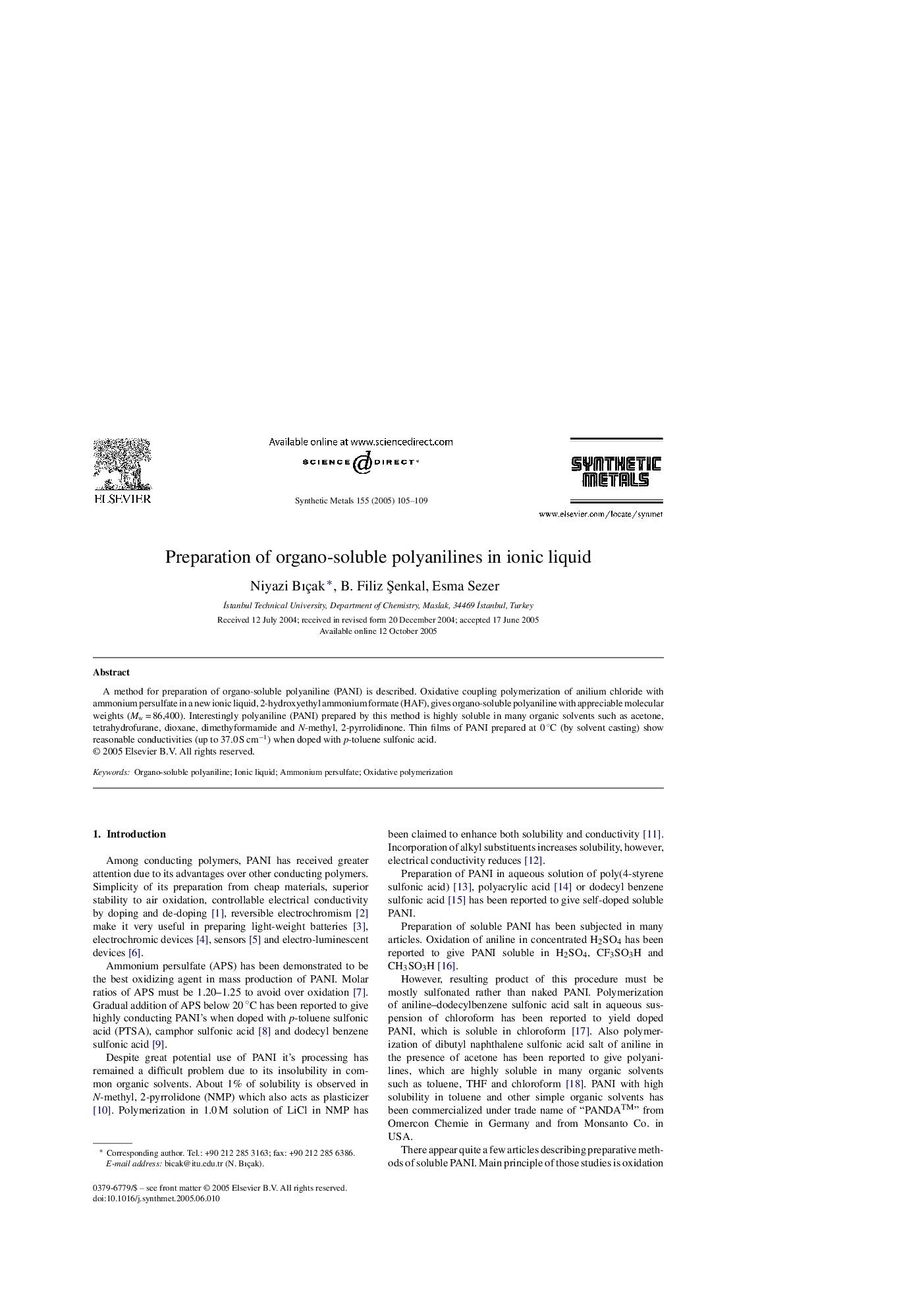 Preparation of organo-soluble polyanilines in ionic liquid