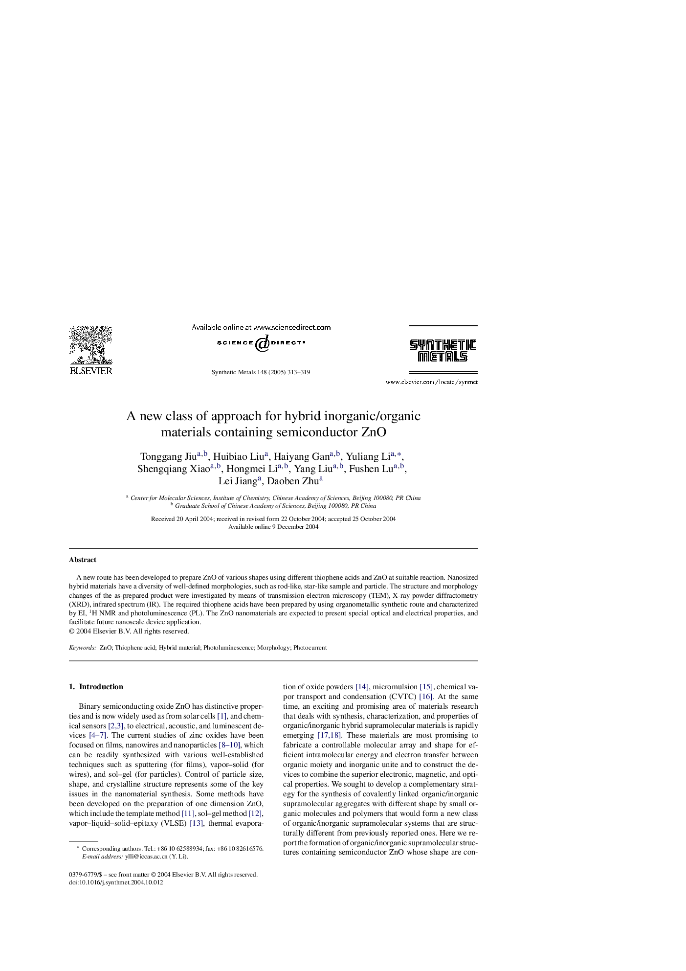 A new class of approach for hybrid inorganic/organic materials containing semiconductor ZnO