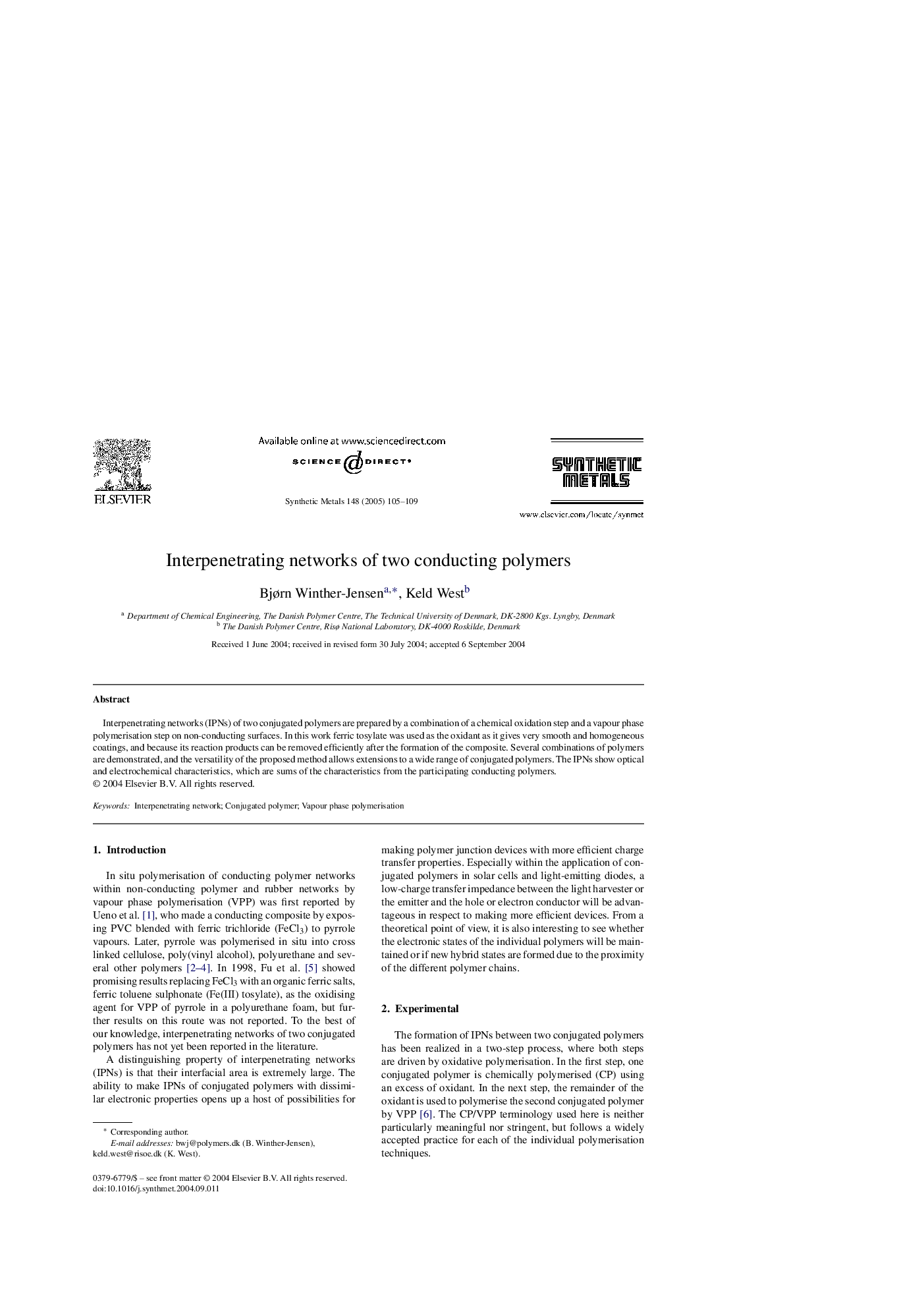 Interpenetrating networks of two conducting polymers