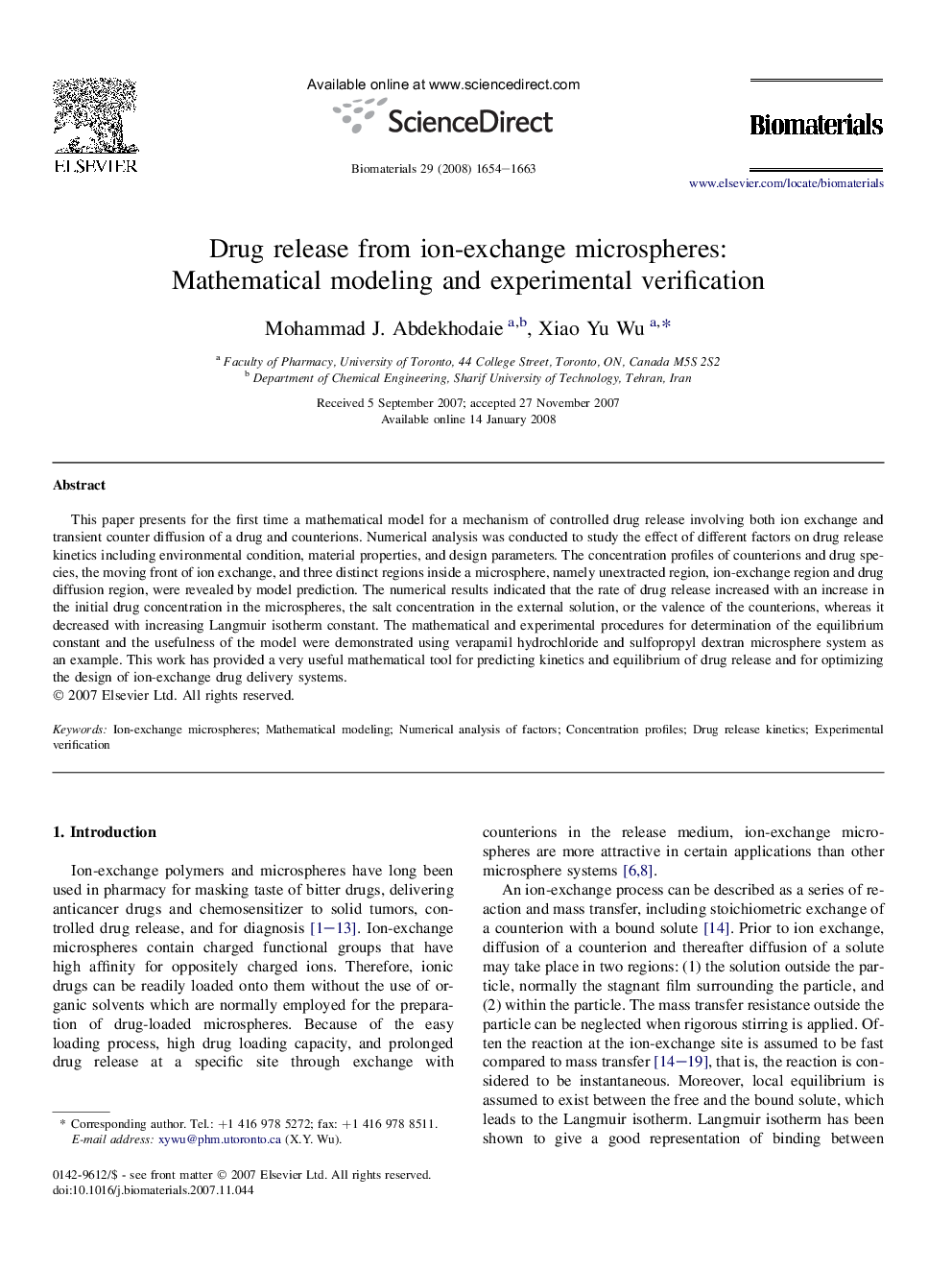 Drug release from ion-exchange microspheres: Mathematical modeling and experimental verification