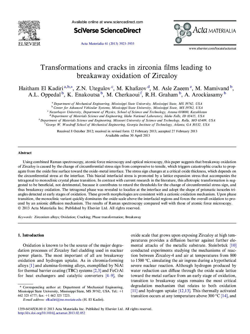 Transformations and cracks in zirconia films leading to breakaway oxidation of Zircaloy