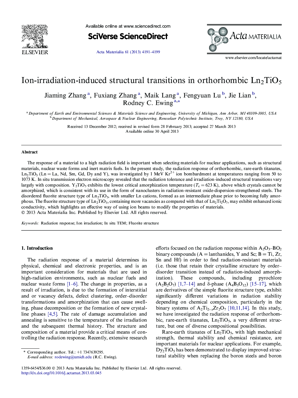 Ion-irradiation-induced structural transitions in orthorhombic Ln2TiO5