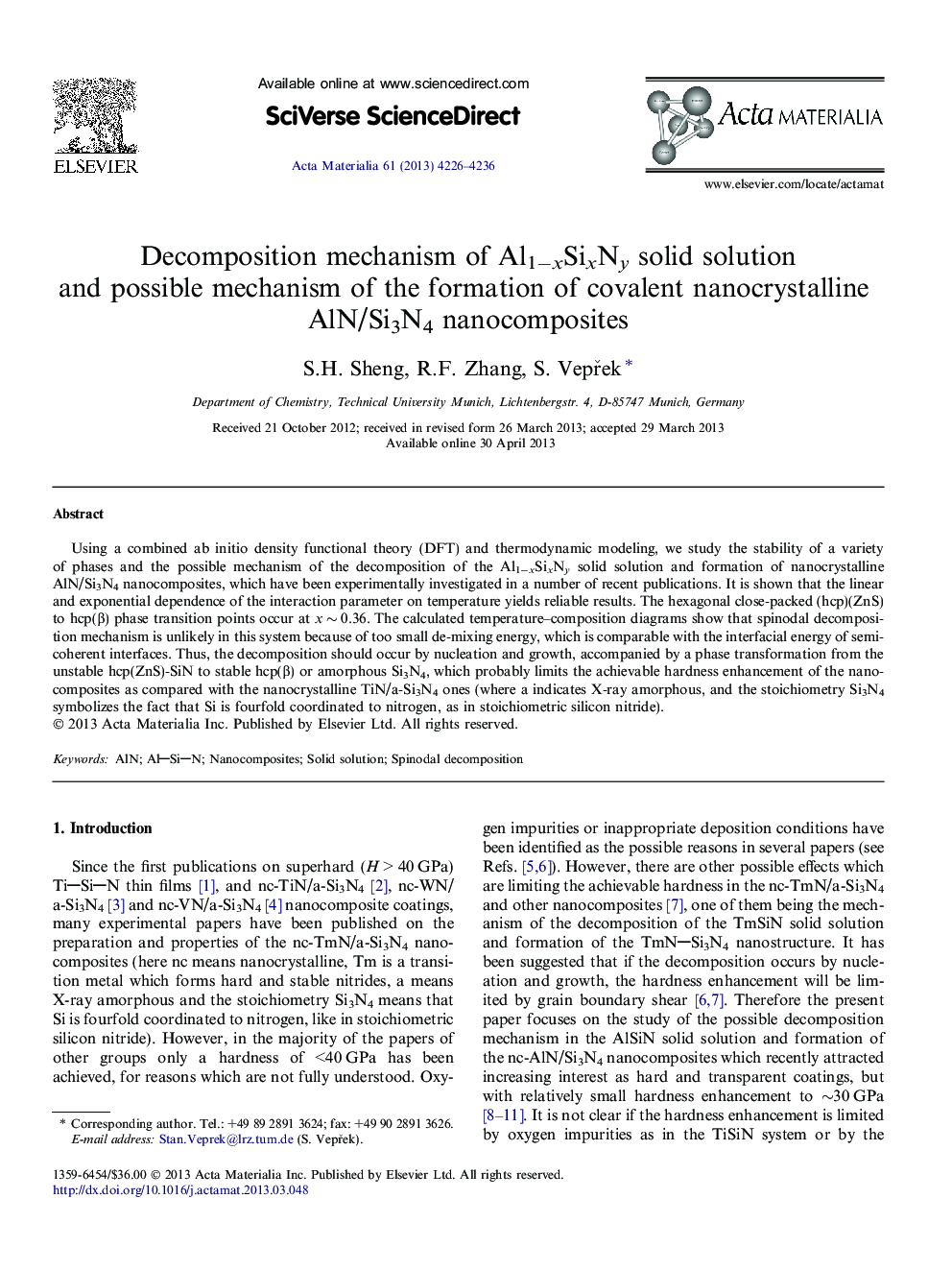 Decomposition mechanism of Al1âxSixNy solid solution and possible mechanism of the formation of covalent nanocrystalline AlN/Si3N4 nanocomposites