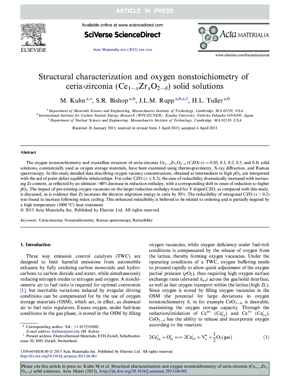 Structural characterization and oxygen nonstoichiometry of ceria-zirconia (Ce1âxZrxO2âÎ´) solid solutions