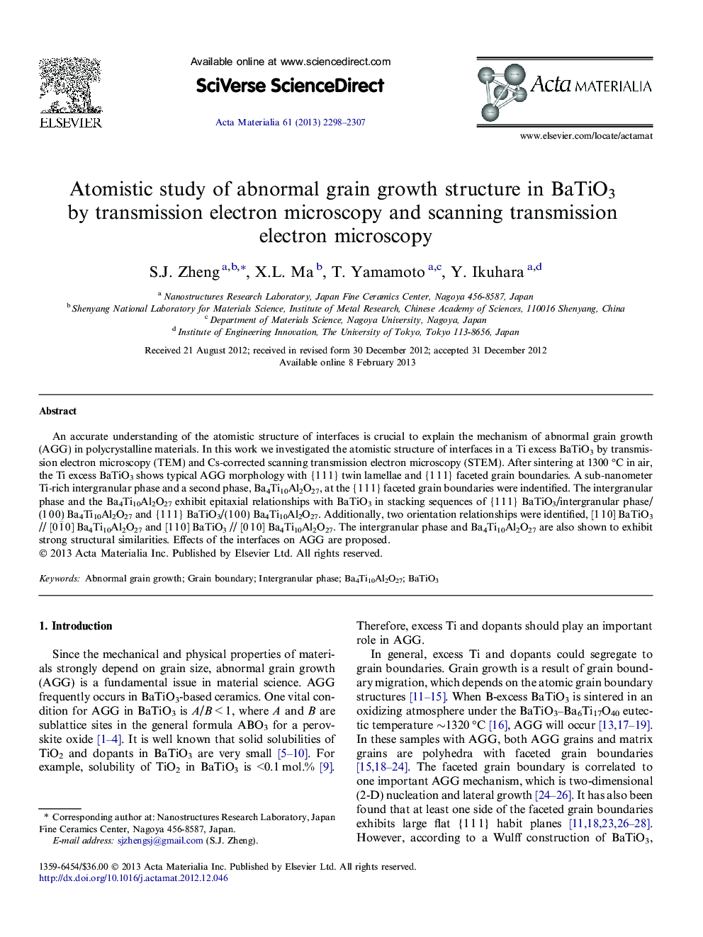 Atomistic study of abnormal grain growth structure in BaTiO3 by transmission electron microscopy and scanning transmission electron microscopy