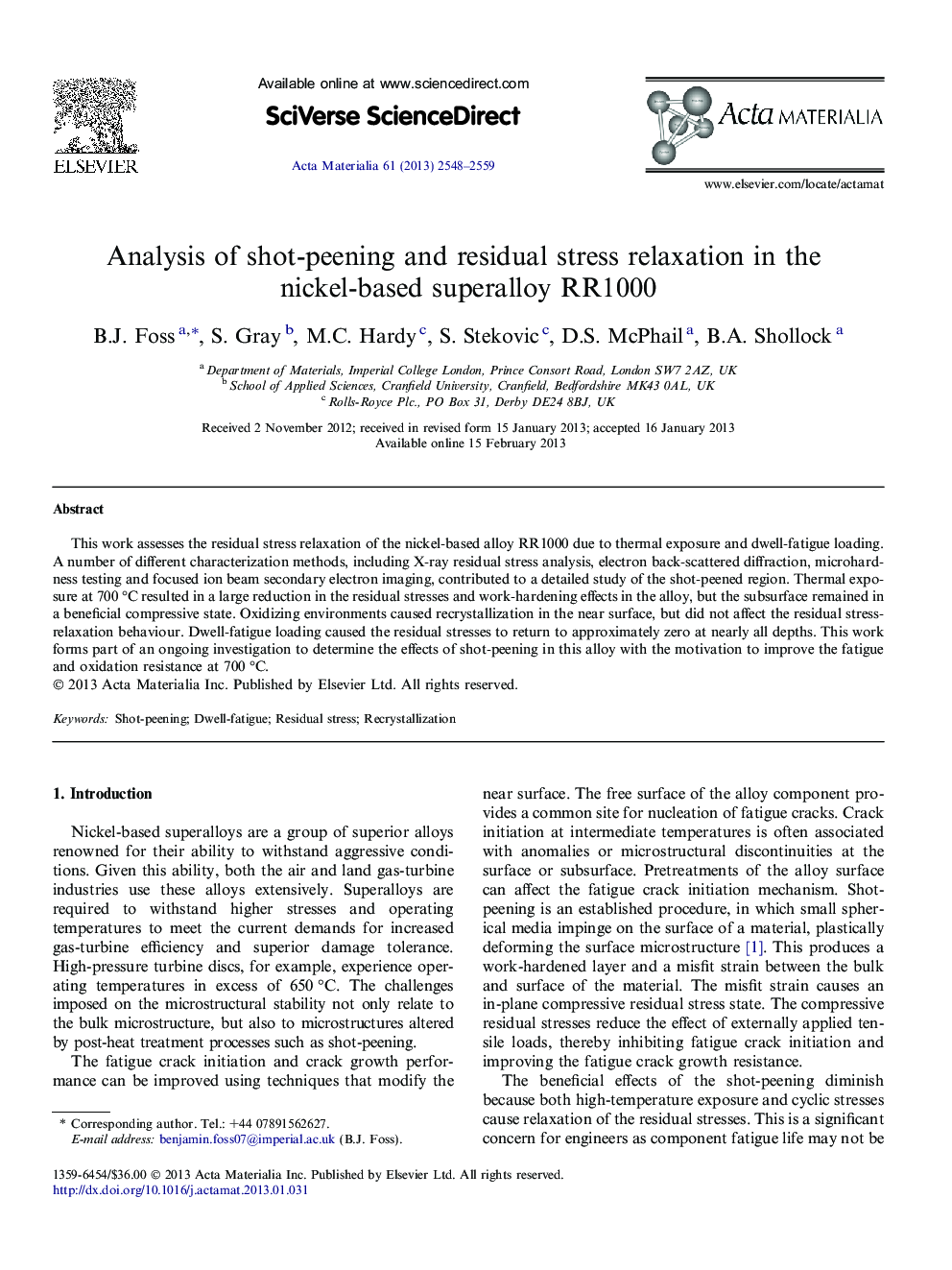 Analysis of shot-peening and residual stress relaxation in the nickel-based superalloy RR1000