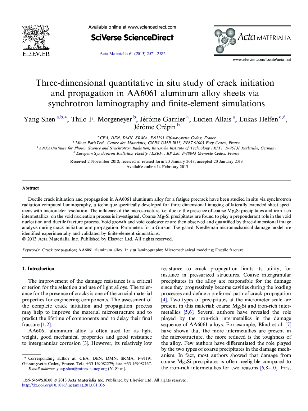 Three-dimensional quantitative in situ study of crack initiation and propagation in AA6061 aluminum alloy sheets via synchrotron laminography and finite-element simulations