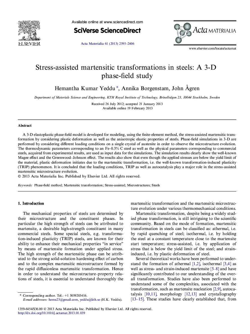 Stress-assisted martensitic transformations in steels: A 3-D phase-field study