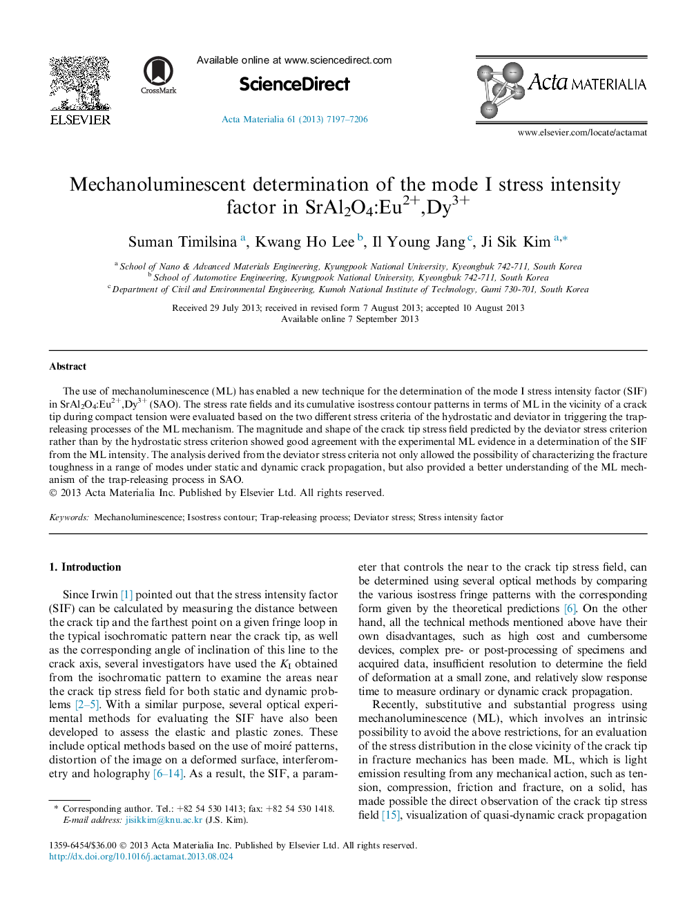 Mechanoluminescent determination of the mode I stress intensity factor in SrAl2O4:Eu2+,Dy3+