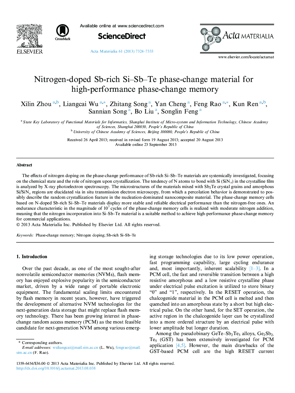 Nitrogen-doped Sb-rich Si-Sb-Te phase-change material for high-performance phase-change memory