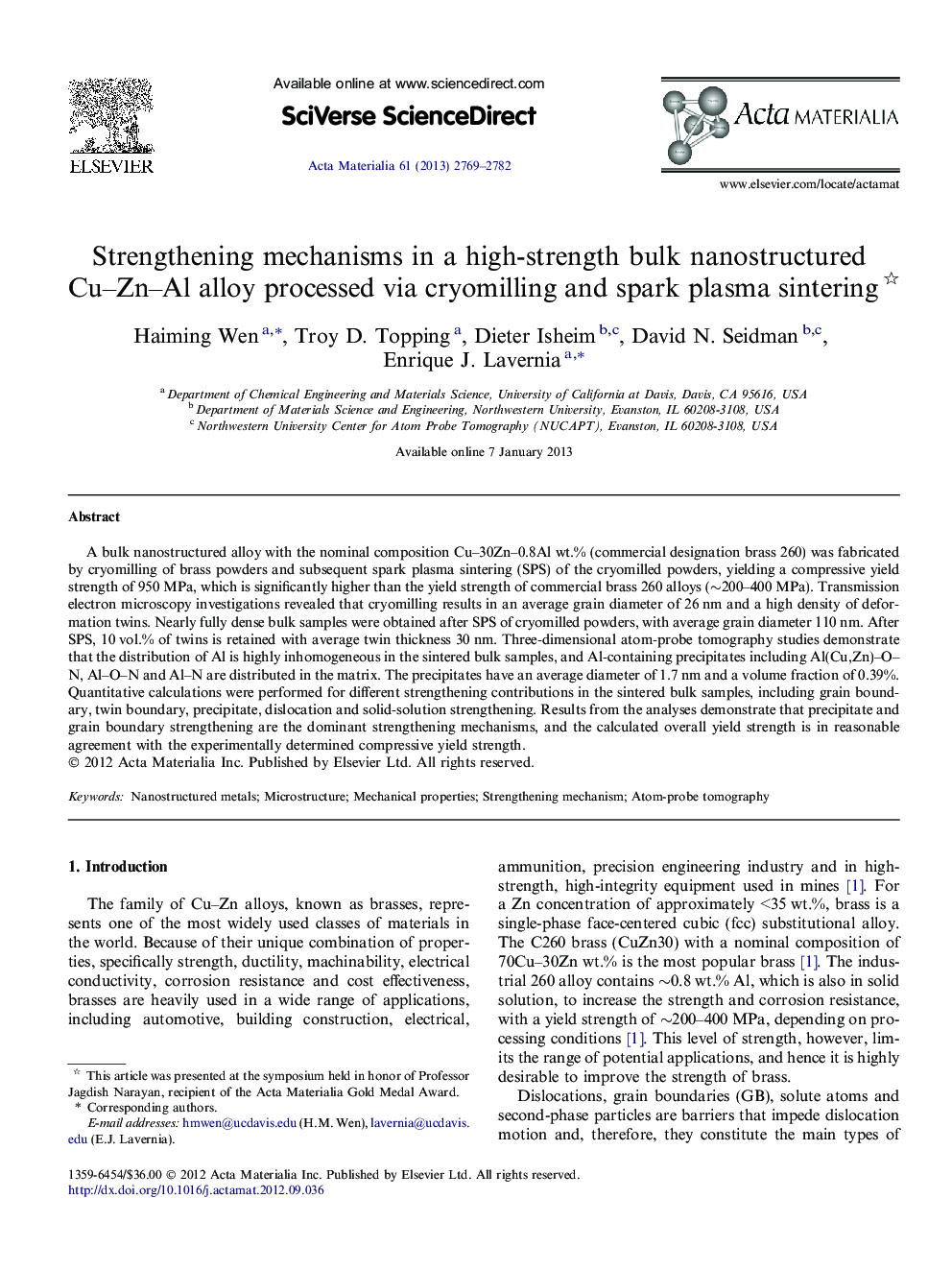 Strengthening mechanisms in a high-strength bulk nanostructured Cu-Zn-Al alloy processed via cryomilling and spark plasma sintering