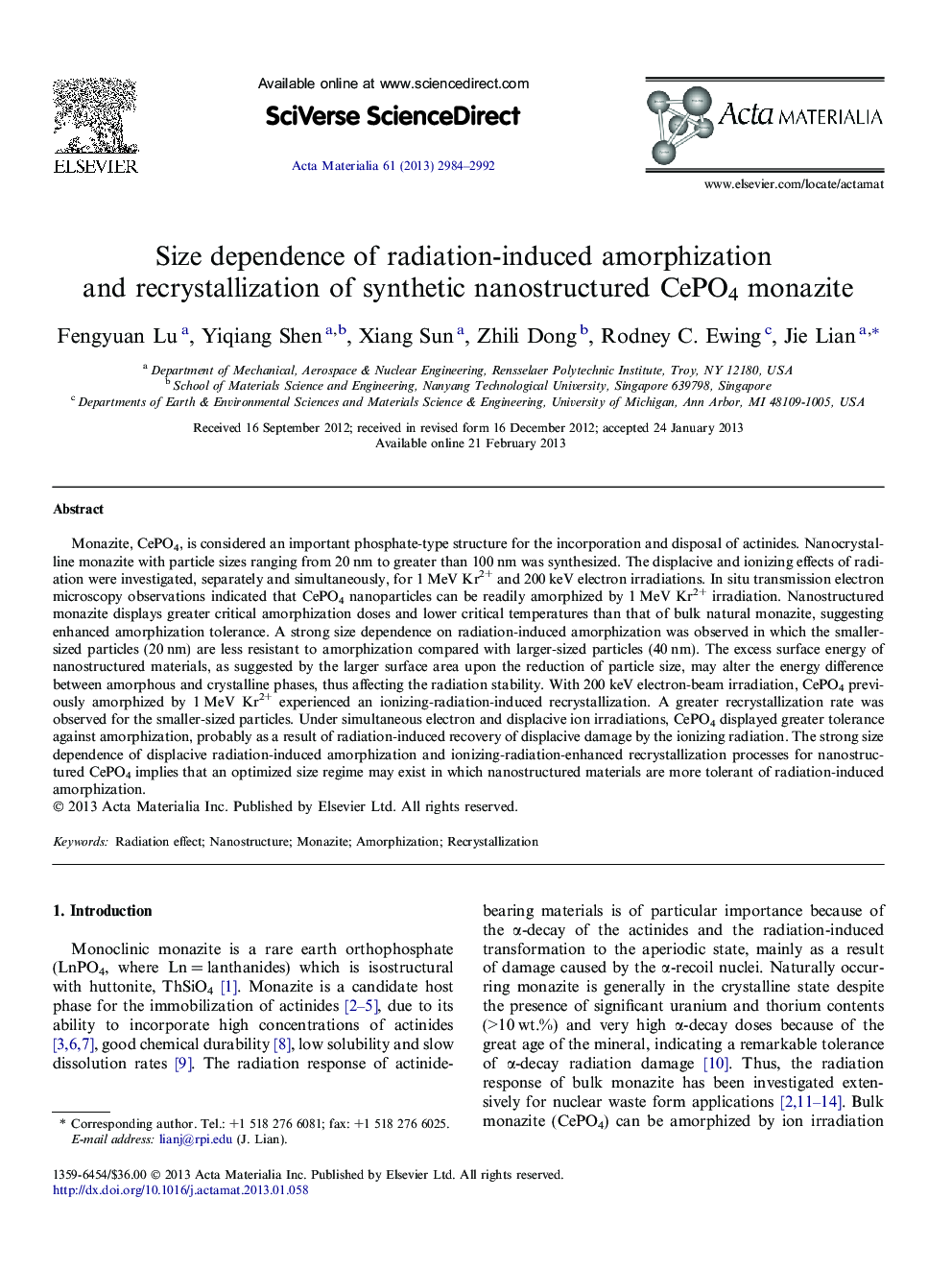 Size dependence of radiation-induced amorphization and recrystallization of synthetic nanostructured CePO4 monazite