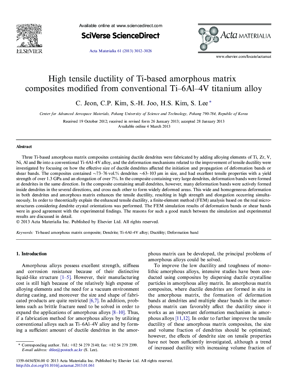 High tensile ductility of Ti-based amorphous matrix composites modified from conventional Ti-6Al-4V titanium alloy