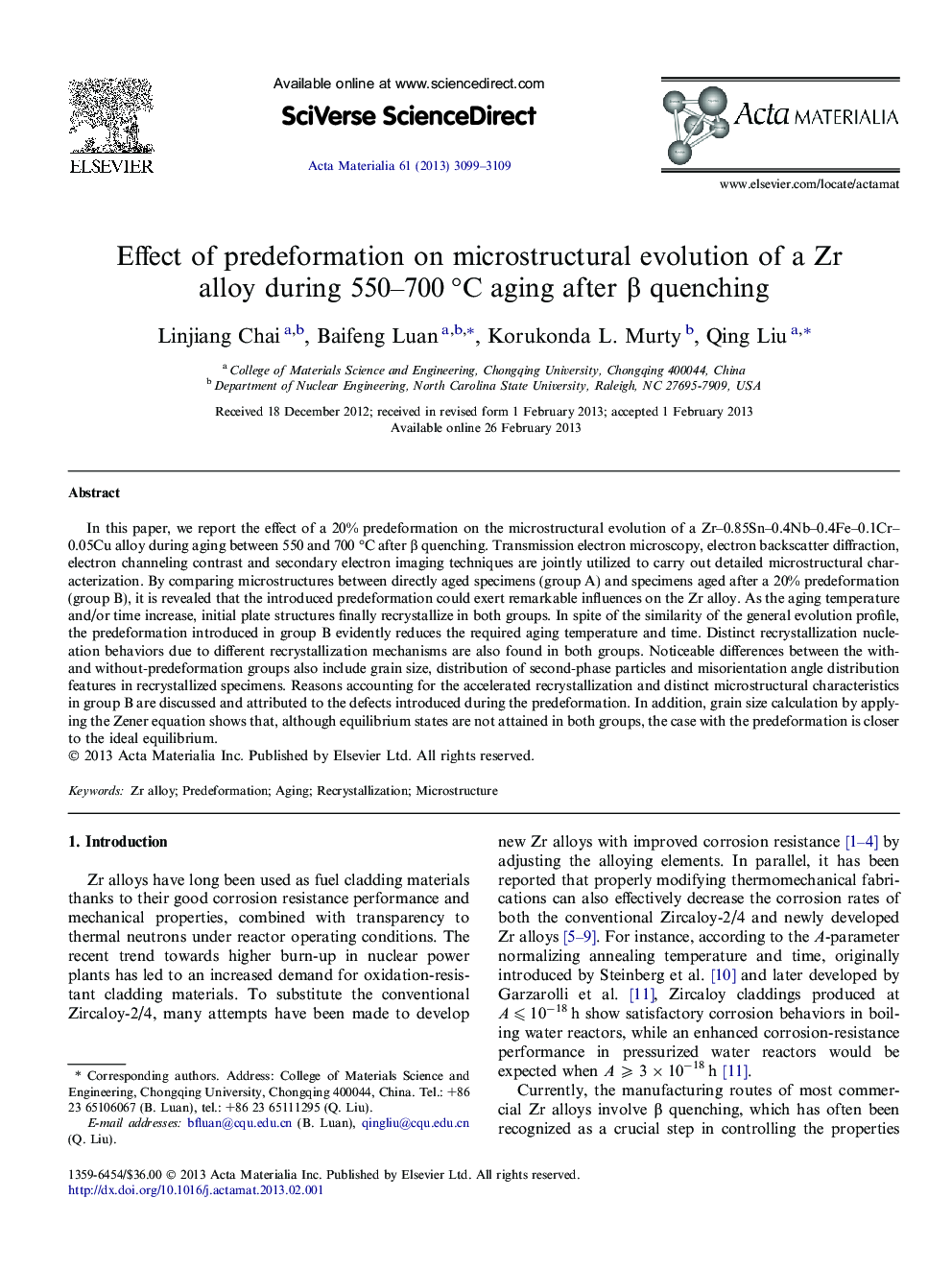 Effect of predeformation on microstructural evolution of a Zr alloy during 550-700Â Â°C aging after Î² quenching