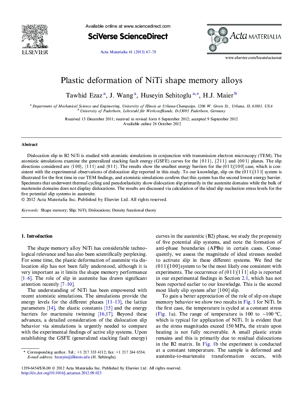 Plastic deformation of NiTi shape memory alloys