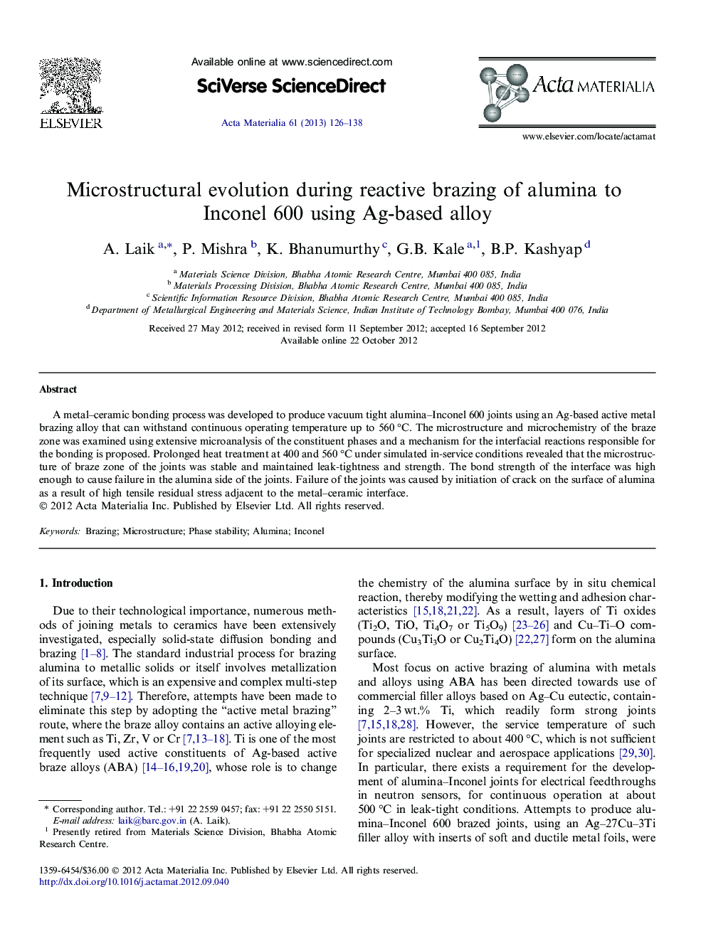 Microstructural evolution during reactive brazing of alumina to Inconel 600 using Ag-based alloy