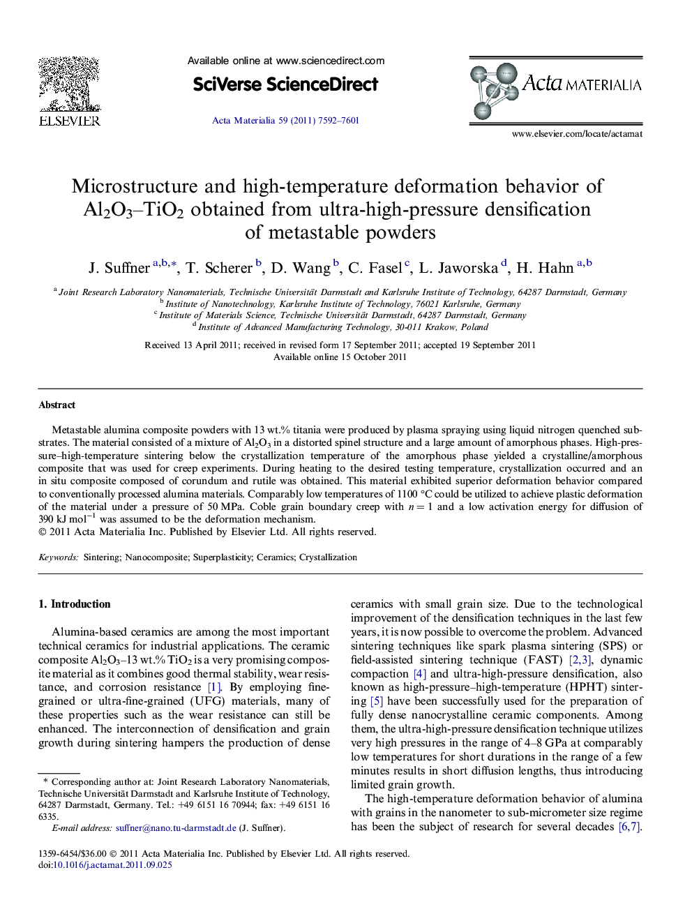 Microstructure and high-temperature deformation behavior of Al2O3-TiO2 obtained from ultra-high-pressure densification of metastable powders