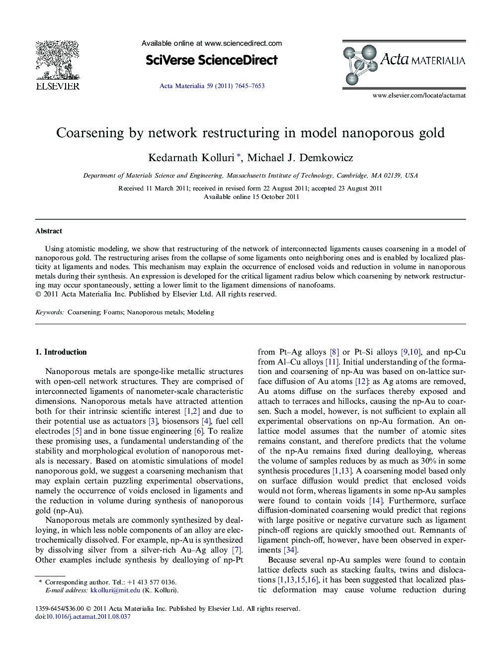 Coarsening by network restructuring in model nanoporous gold