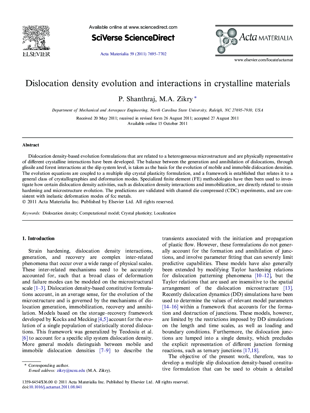 Dislocation density evolution and interactions in crystalline materials