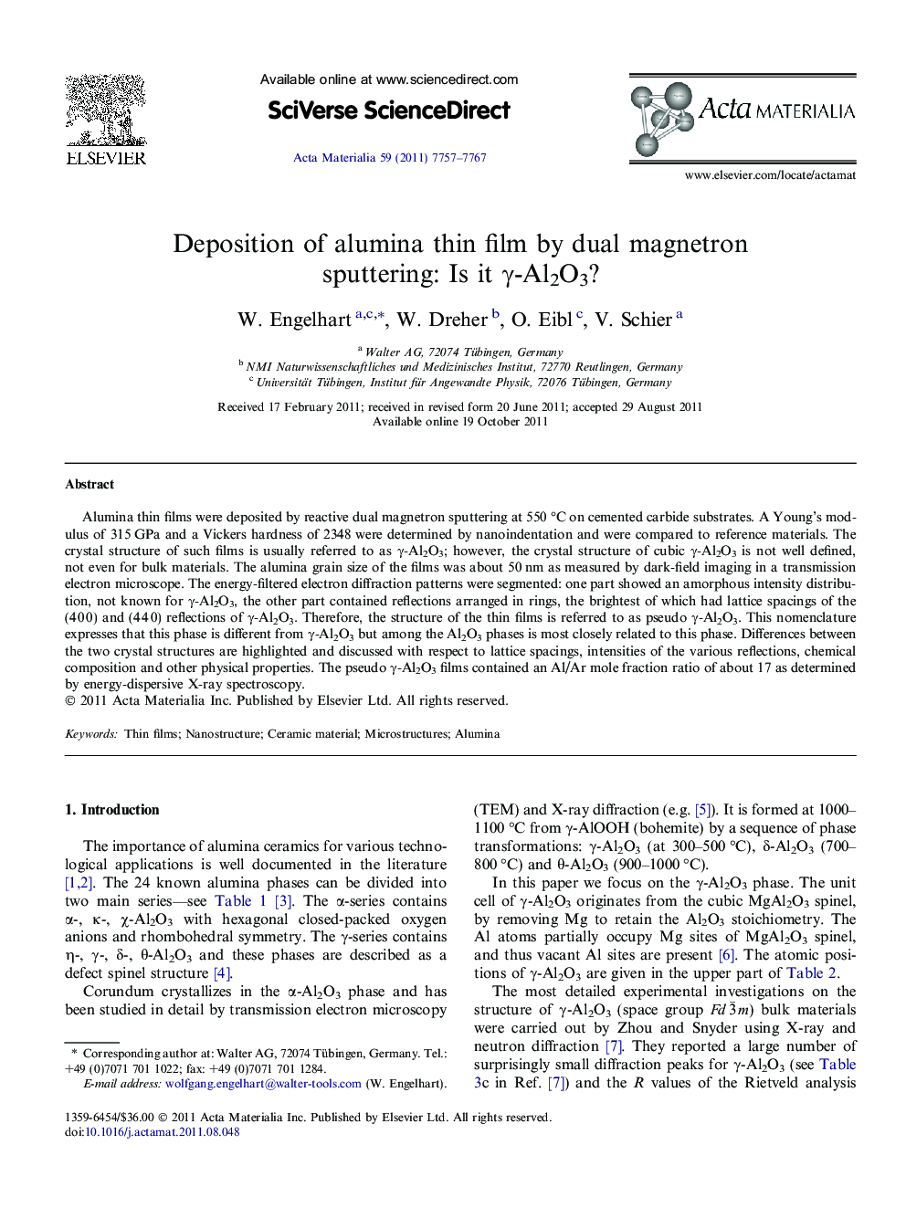 Deposition of alumina thin film by dual magnetron sputtering: Is it Î³-Al2O3?