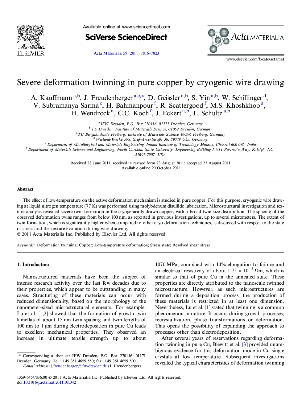 Severe deformation twinning in pure copper by cryogenic wire drawing