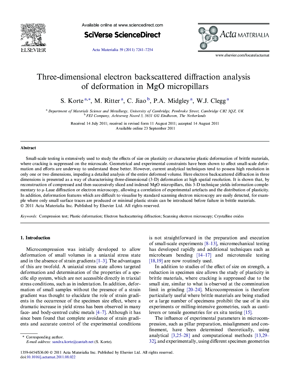 Three-dimensional electron backscattered diffraction analysis of deformation in MgO micropillars