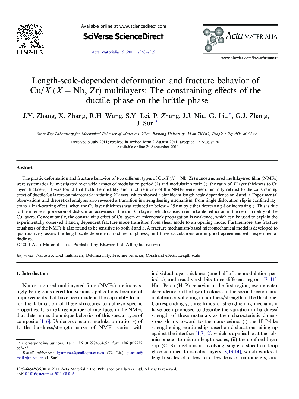 Length-scale-dependent deformation and fracture behavior of Cu/X (XÂ =Â Nb, Zr) multilayers: The constraining effects of the ductile phase on the brittle phase