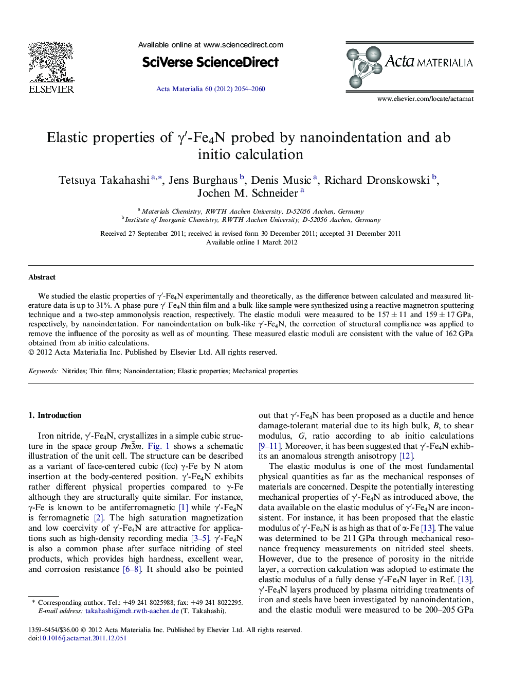 Elastic properties of Î³â²-Fe4N probed by nanoindentation and ab initio calculation