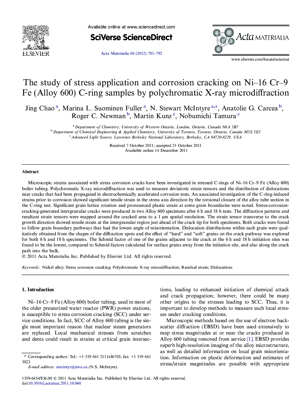 The study of stress application and corrosion cracking on Ni-16 Cr-9 Fe (Alloy 600) C-ring samples by polychromatic X-ray microdiffraction