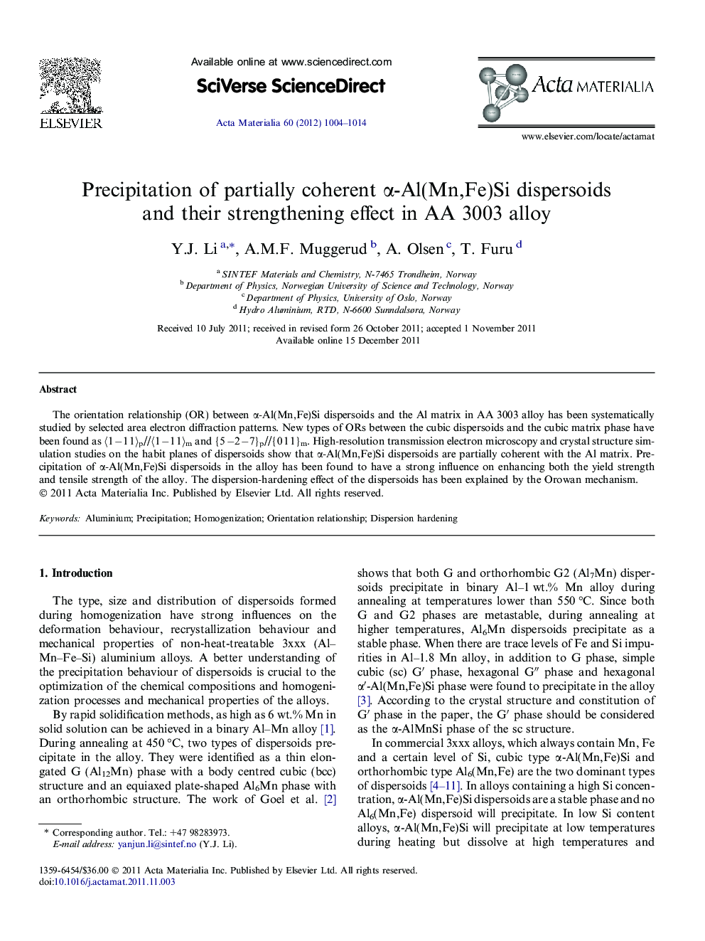 Precipitation of partially coherent Î±-Al(Mn,Fe)Si dispersoids and their strengthening effect in AA 3003 alloy