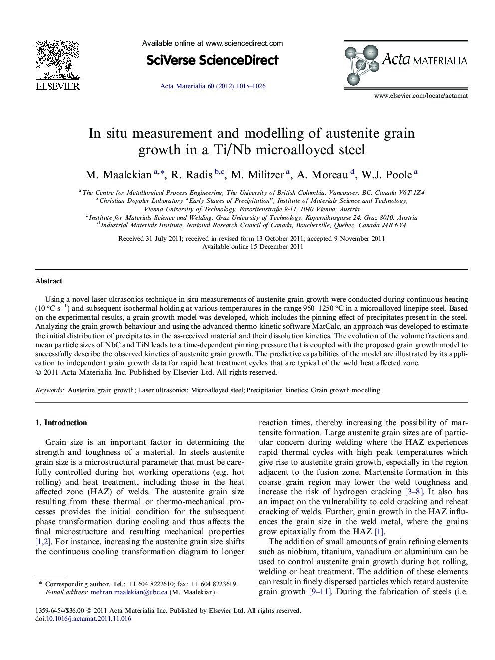 In situ measurement and modelling of austenite grain growth in a Ti/Nb microalloyed steel