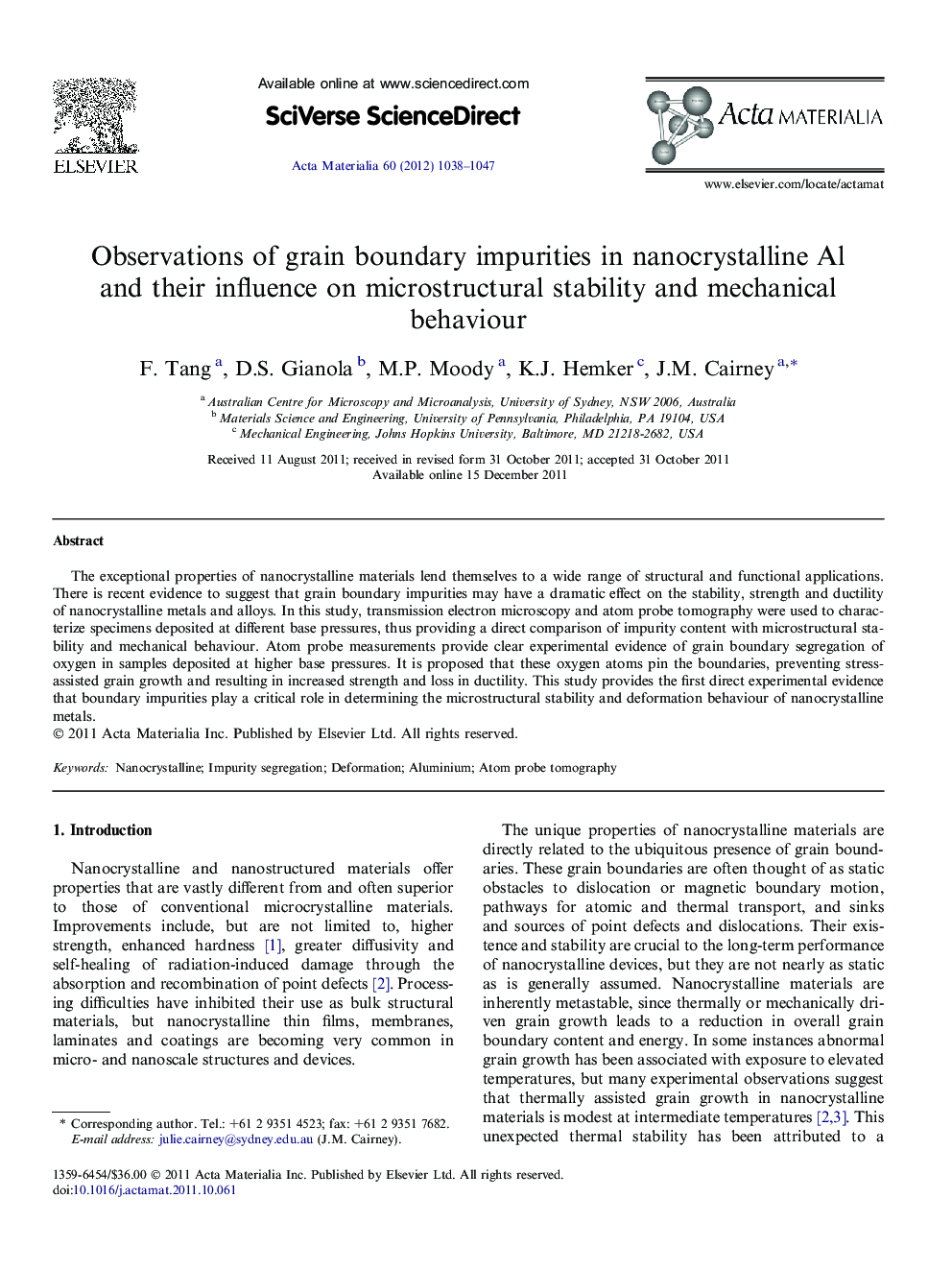 Observations of grain boundary impurities in nanocrystalline Al and their influence on microstructural stability and mechanical behaviour