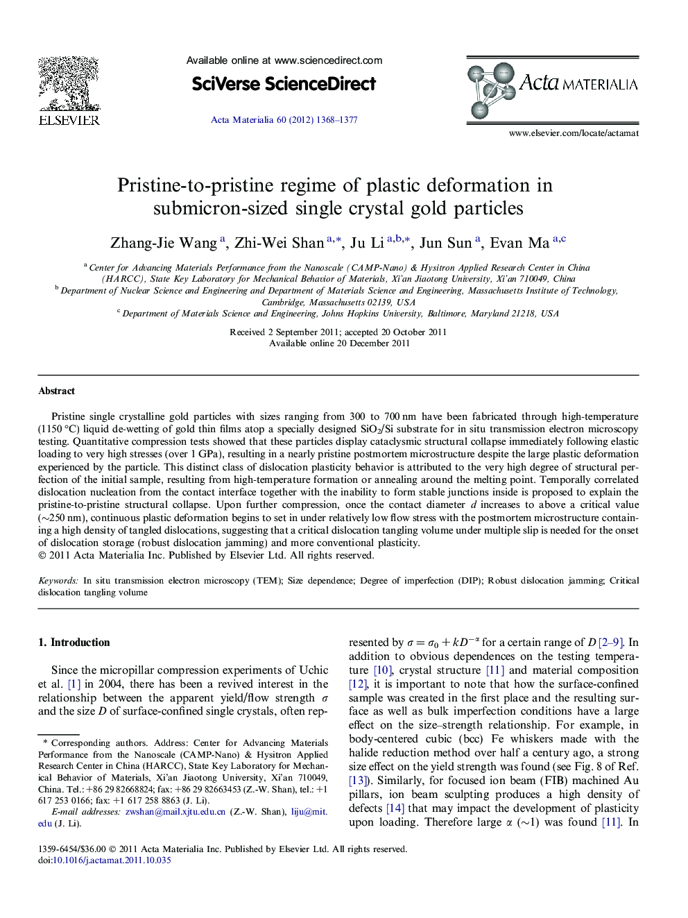 Pristine-to-pristine regime of plastic deformation in submicron-sized single crystal gold particles