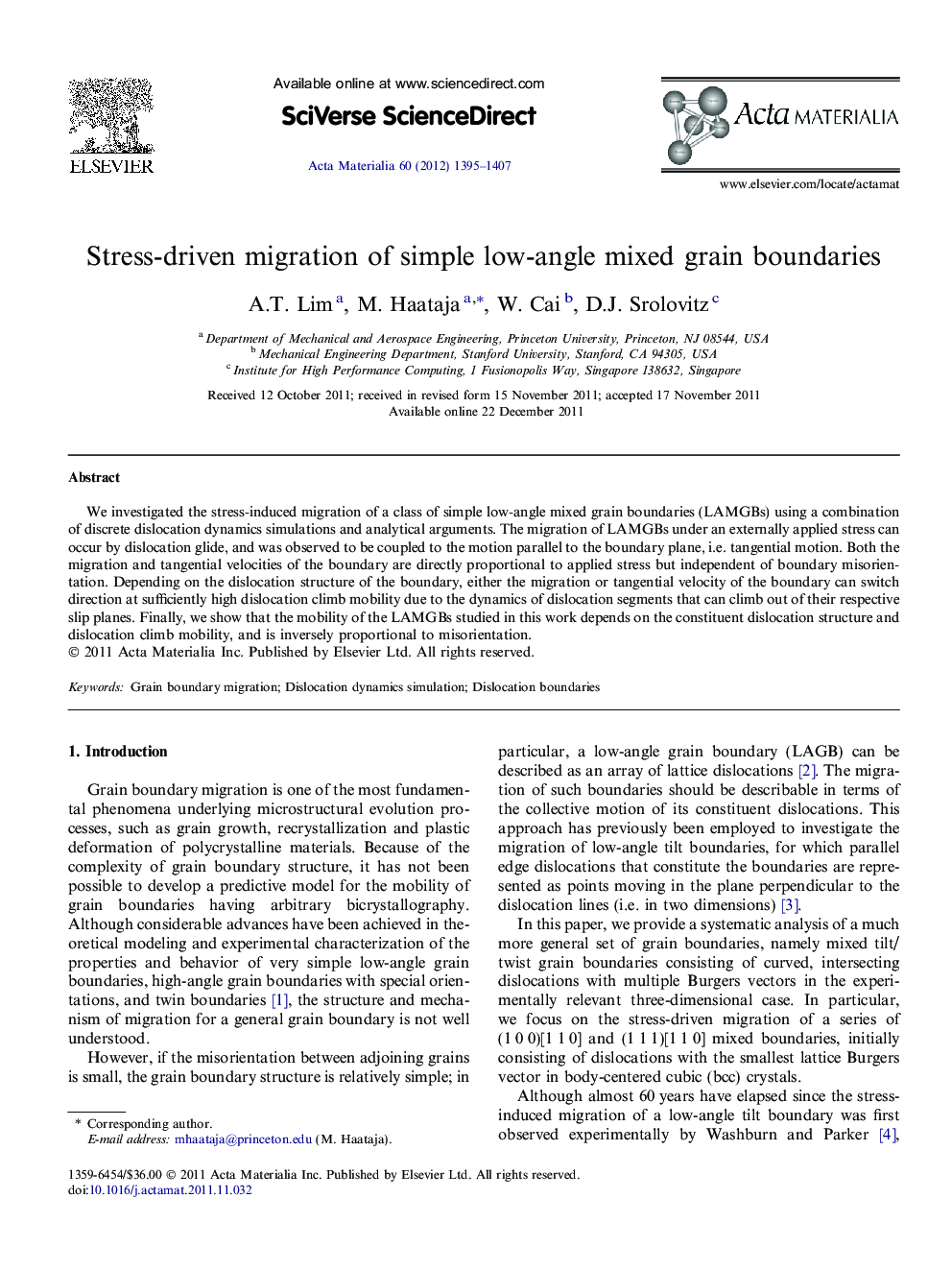 Stress-driven migration of simple low-angle mixed grain boundaries