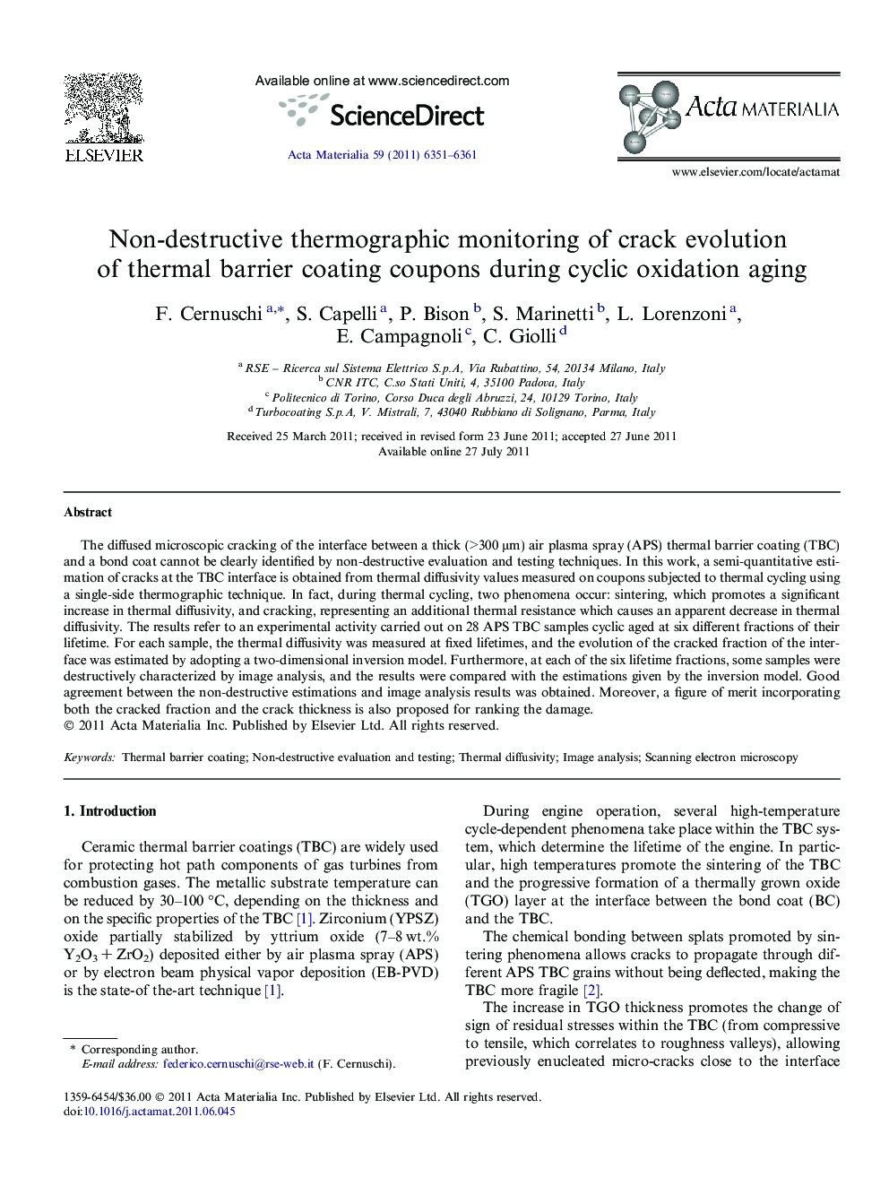 Non-destructive thermographic monitoring of crack evolution of thermal barrier coating coupons during cyclic oxidation aging