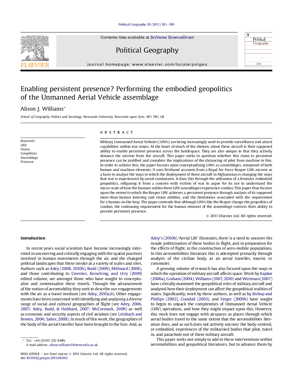 Enabling persistent presence? Performing the embodied geopolitics of the Unmanned Aerial Vehicle assemblage