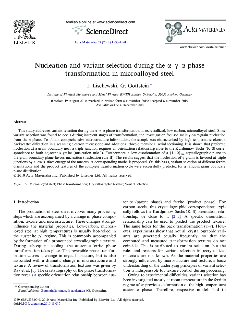 Nucleation and variant selection during the Î±-Î³-Î± phase transformation in microalloyed steel