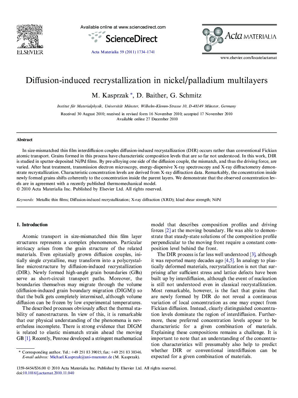 Diffusion-induced recrystallization in nickel/palladium multilayers