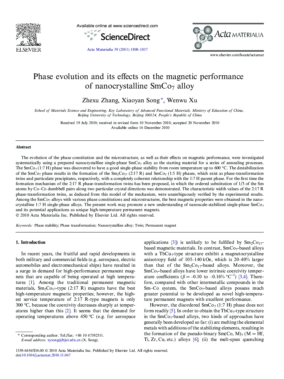Phase evolution and its effects on the magnetic performance of nanocrystalline SmCo7 alloy