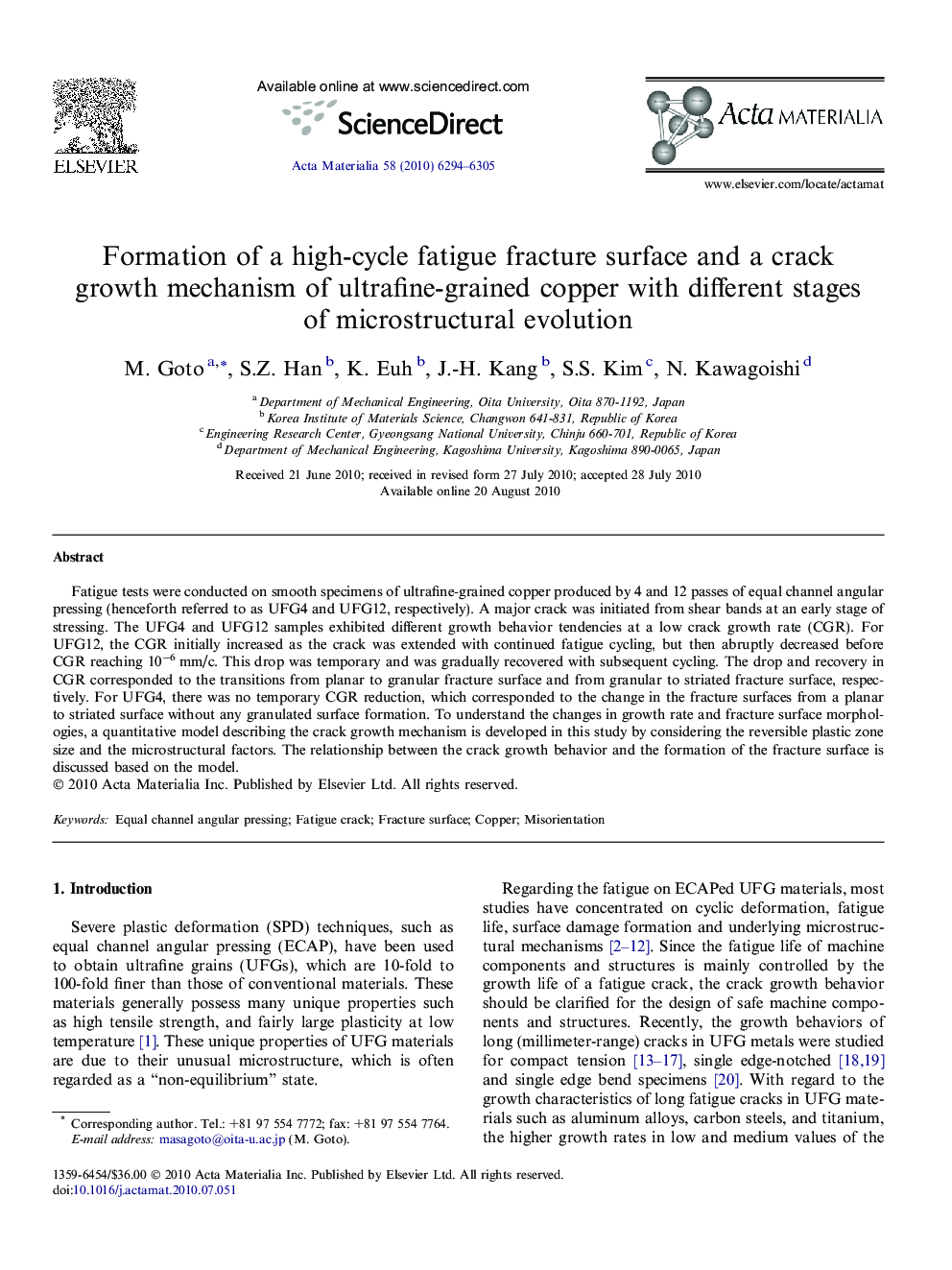 Formation of a high-cycle fatigue fracture surface and a crack growth mechanism of ultrafine-grained copper with different stages of microstructural evolution
