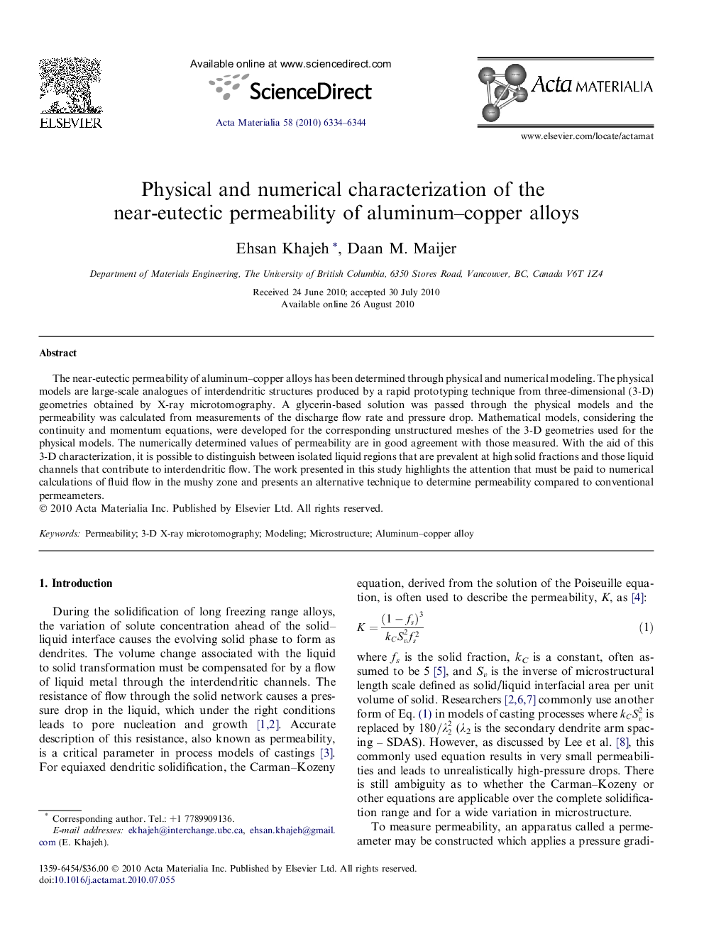 عکس صفحه اول مقاله: Physical and numerical characterization of the near-eutectic permeability of aluminum-copper alloys Physical and numerical characterization of the near-eutectic permeability of aluminum-copper alloys