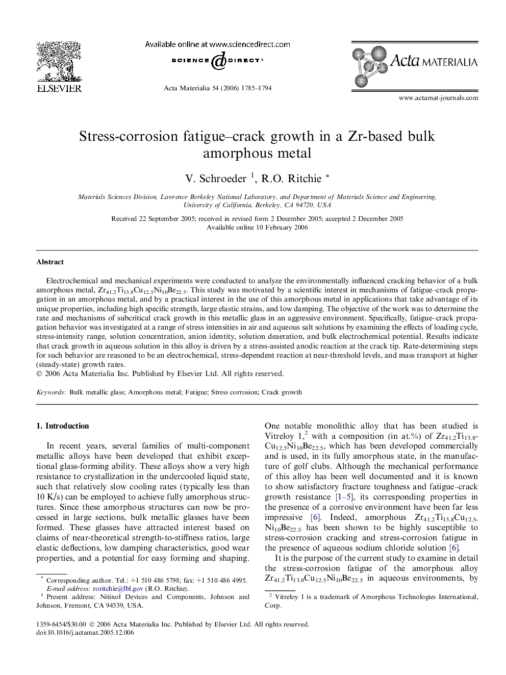 عکس صفحه اول مقاله: Stress-corrosion fatigue-crack growth in a Zr-based bulk amorphous metal Stress-corrosion fatigue-crack growth in a Zr-based bulk amorphous metal