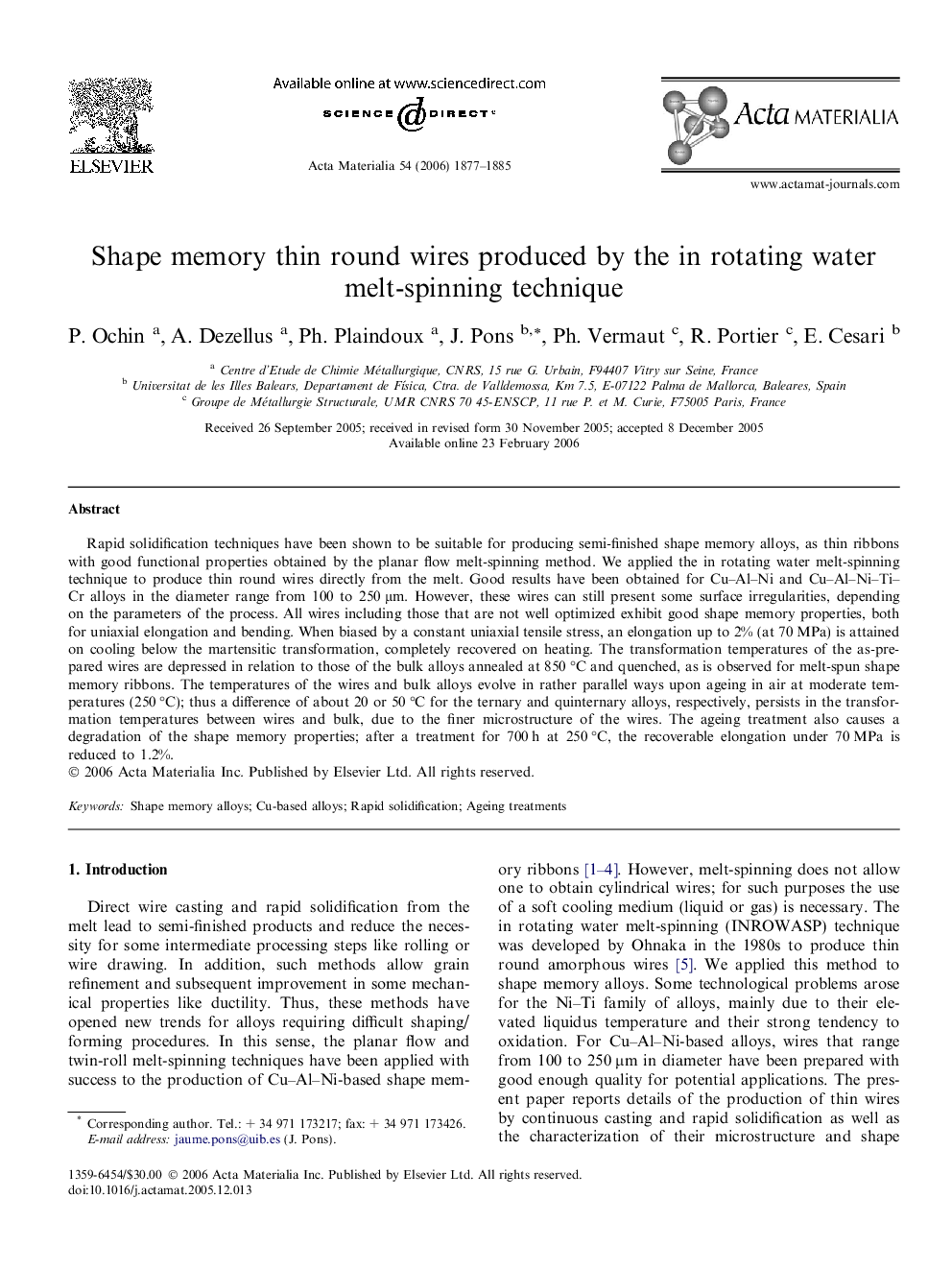 Shape memory thin round wires produced by the in rotating water melt-spinning technique