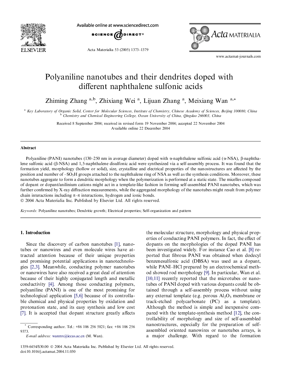 Polyaniline nanotubes and their dendrites doped with different naphthalene sulfonic acids