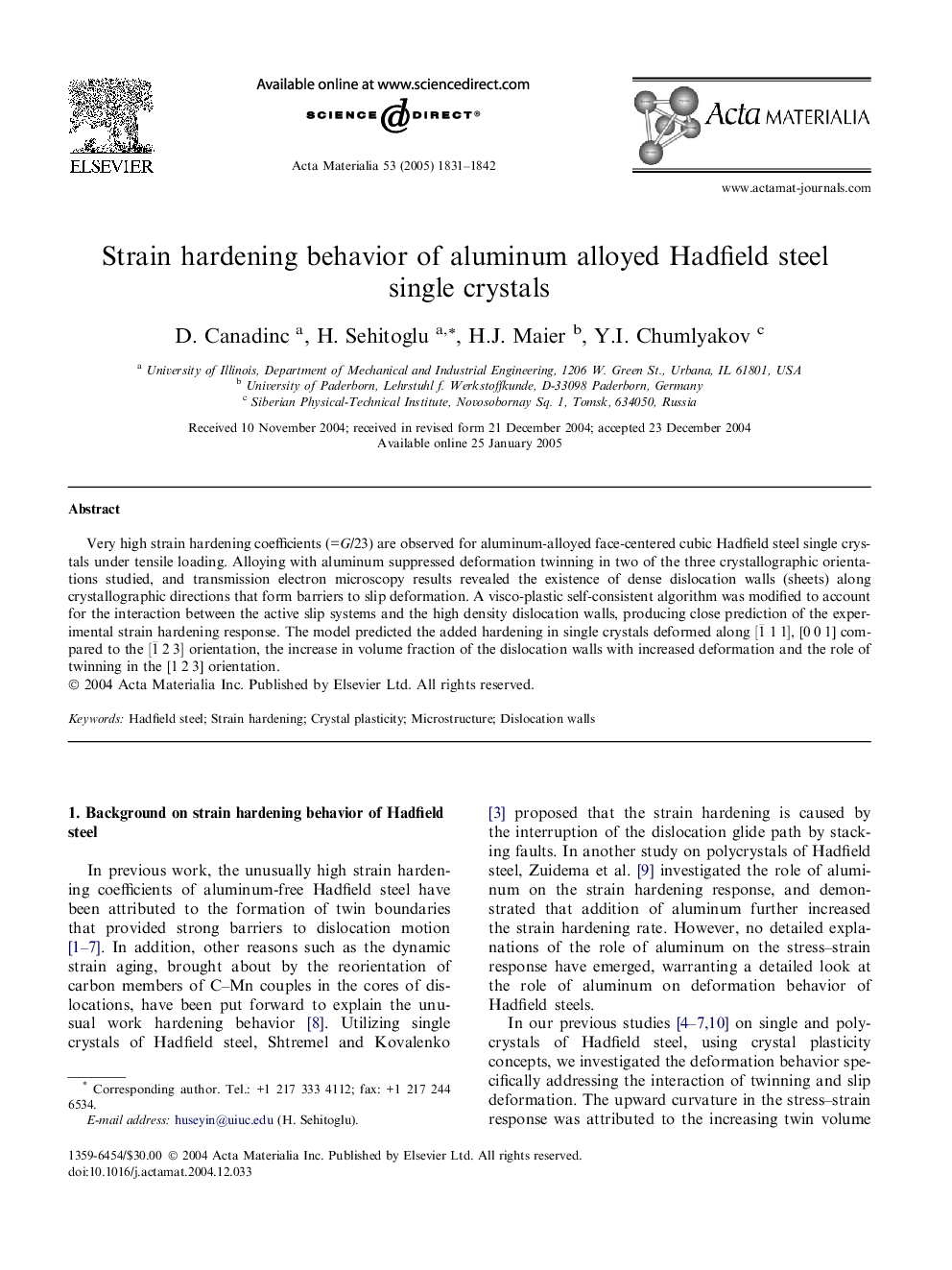 Strain hardening behavior of aluminum alloyed Hadfield steel single crystals