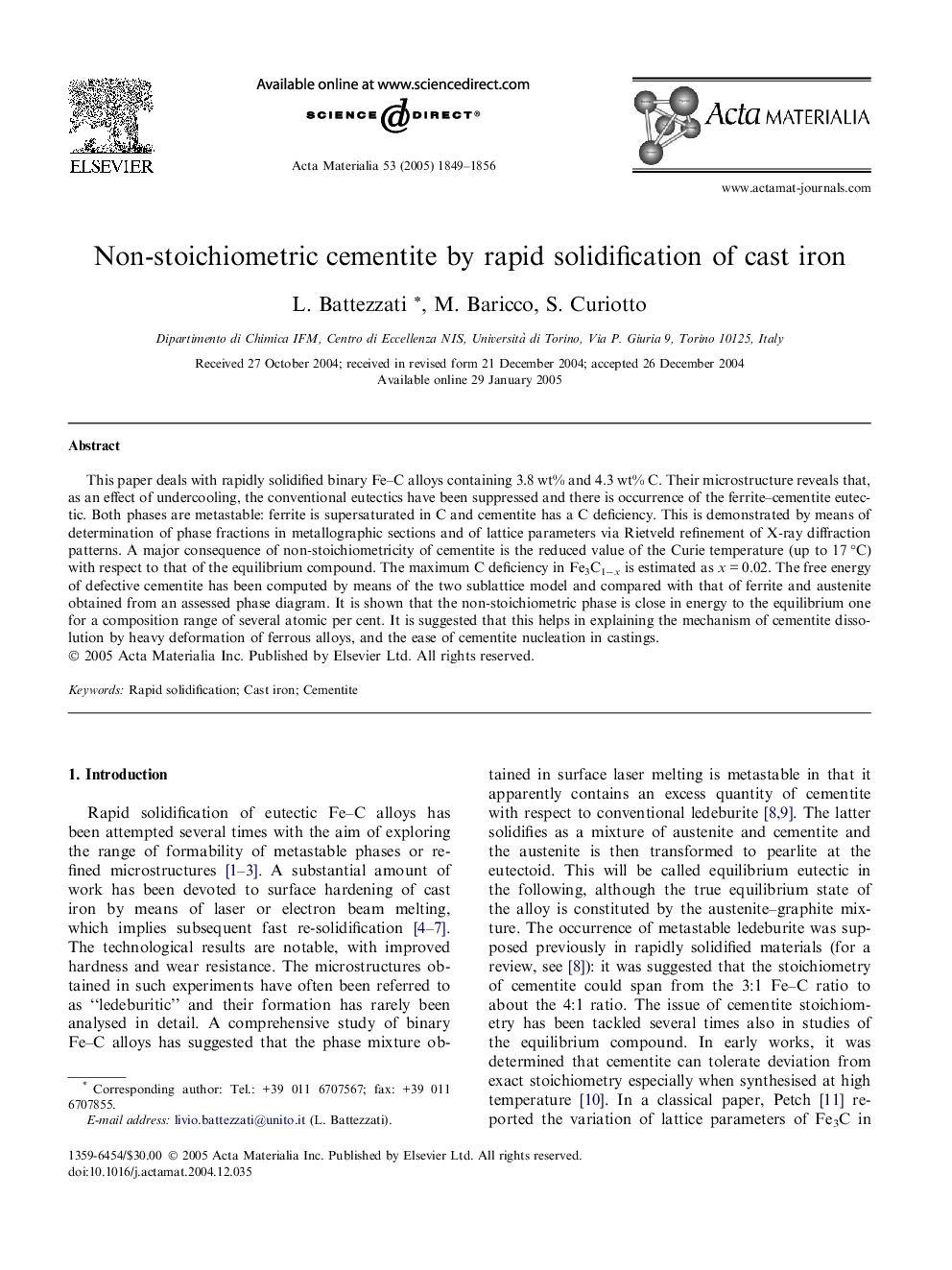 Non-stoichiometric cementite by rapid solidification of cast iron