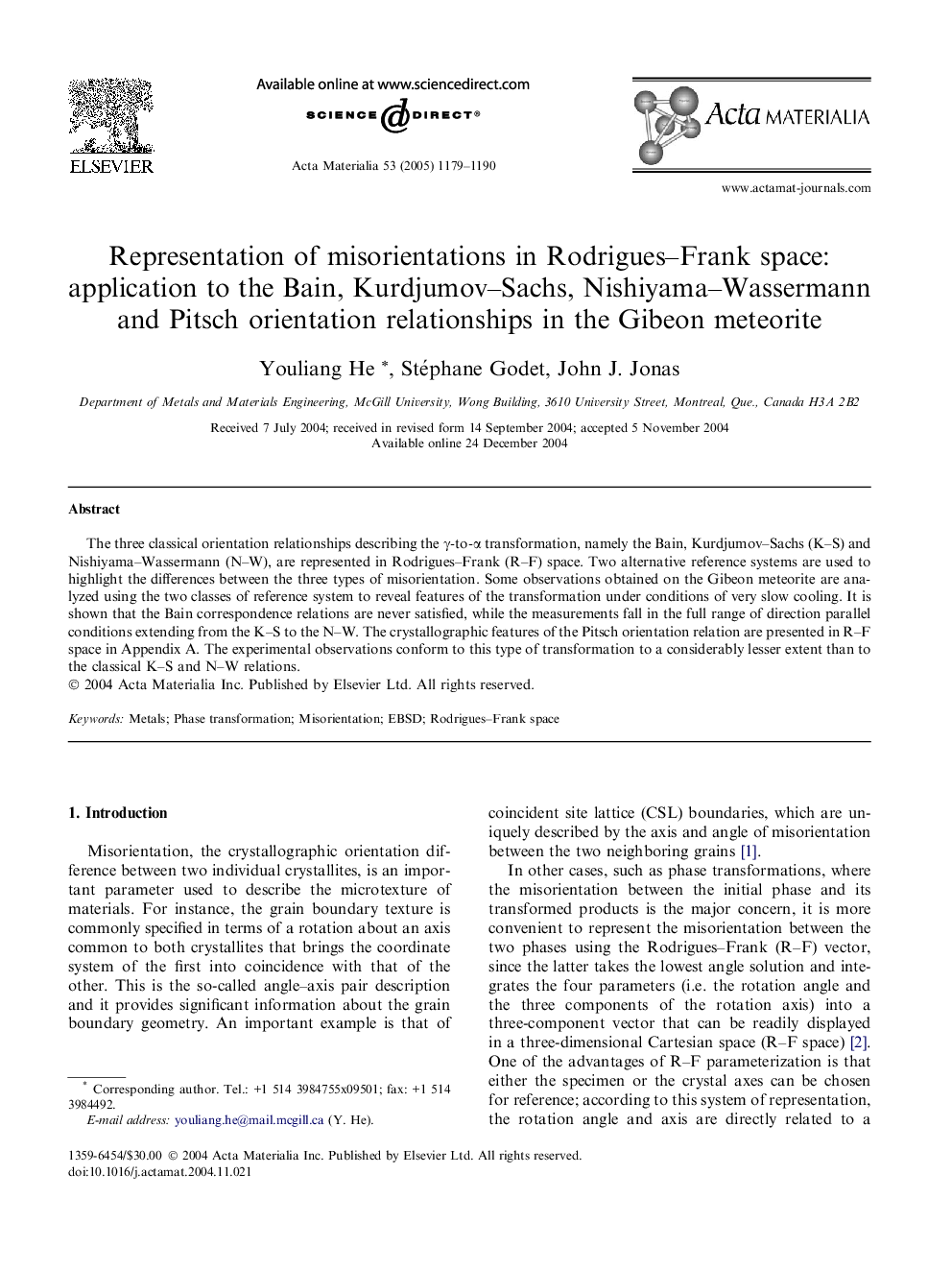 Representation of misorientations in Rodrigues-Frank space: application to the Bain, Kurdjumov-Sachs, Nishiyama-Wassermann and Pitsch orientation relationships in the Gibeon meteorite